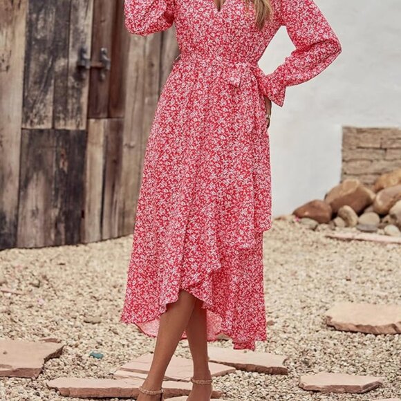 NEW Womens Dress 2025 V Neck Floral Ruffle Wedding Cocktail Boho Long Sleeve - Picture 3 of 13